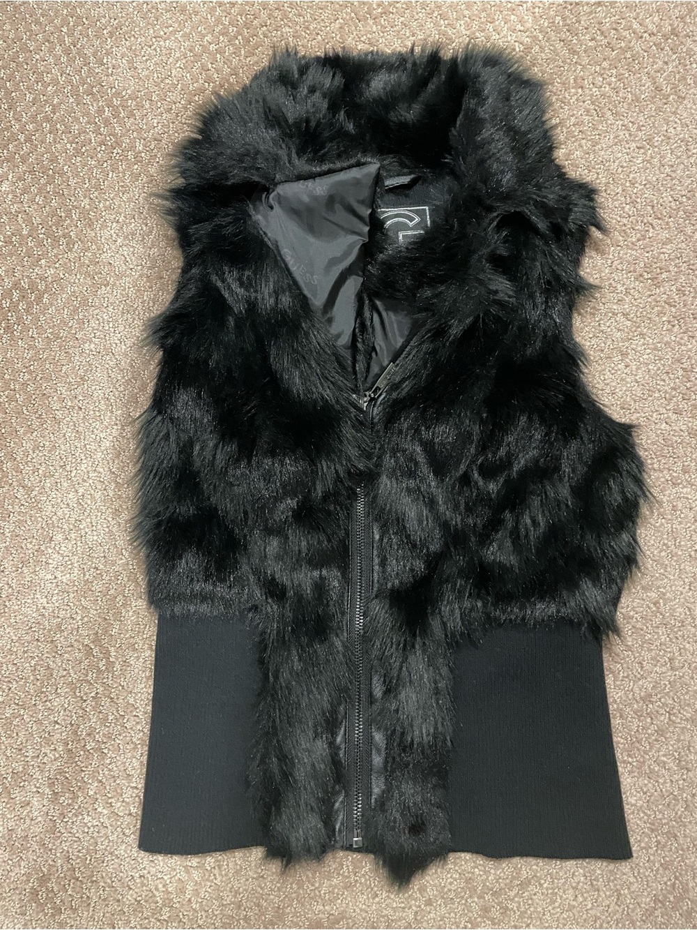 Guess Woman’s Black Faux Fur Zip-Up Vest, size XS